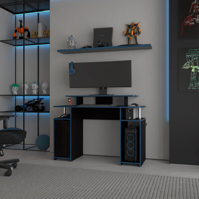 Ivy Bronx Blue Accents Minimalist Gaming Desk With Elevated Monitor Shelf
