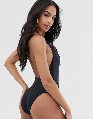 South Beach plunge front high neck swimsuit with strapping detail