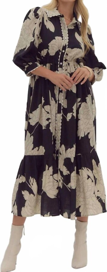 Entro Floral Print Collared Midi Dress In Black/white