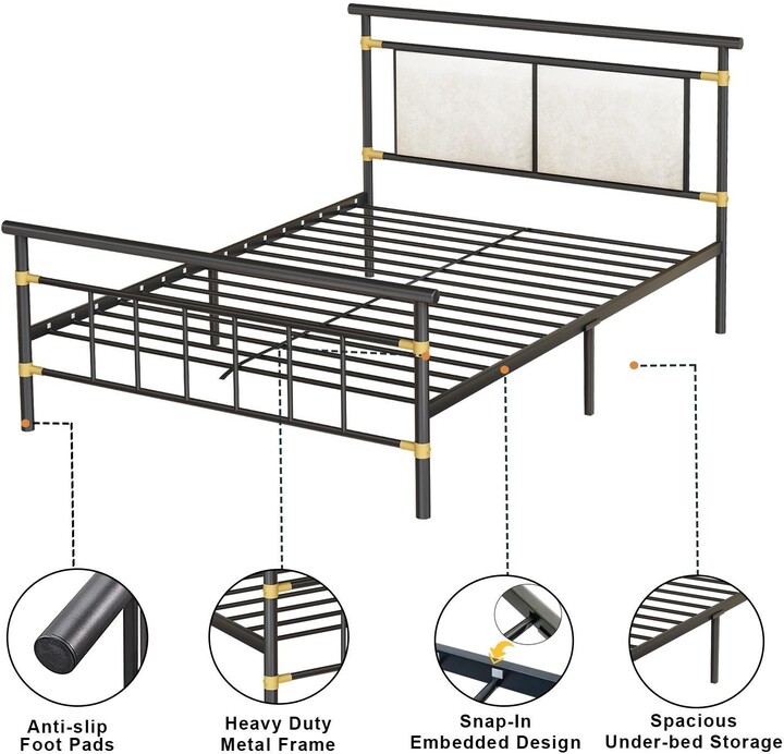 Mieres Modern Metal Platform Bed Frame with Upholstered Headboard