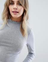 Thumbnail for your product : ASOS Design DESIGN long sleeve crop top with lettuce edge in gray-White