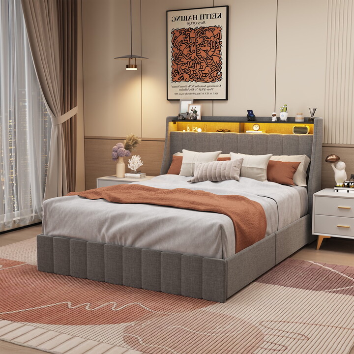 Yoneston Full Size Bed Frame with 2-Tier Storage LED lights Headboard and 4 Under-bed Drawers, Noise Free, No Box Spring Needed, Light Grey