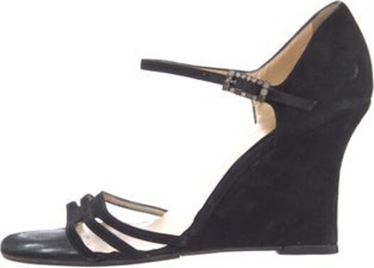 Ferragamo Suede Sandals Black Crystal Embellishments Straps & Buckle Closure at Ankles
