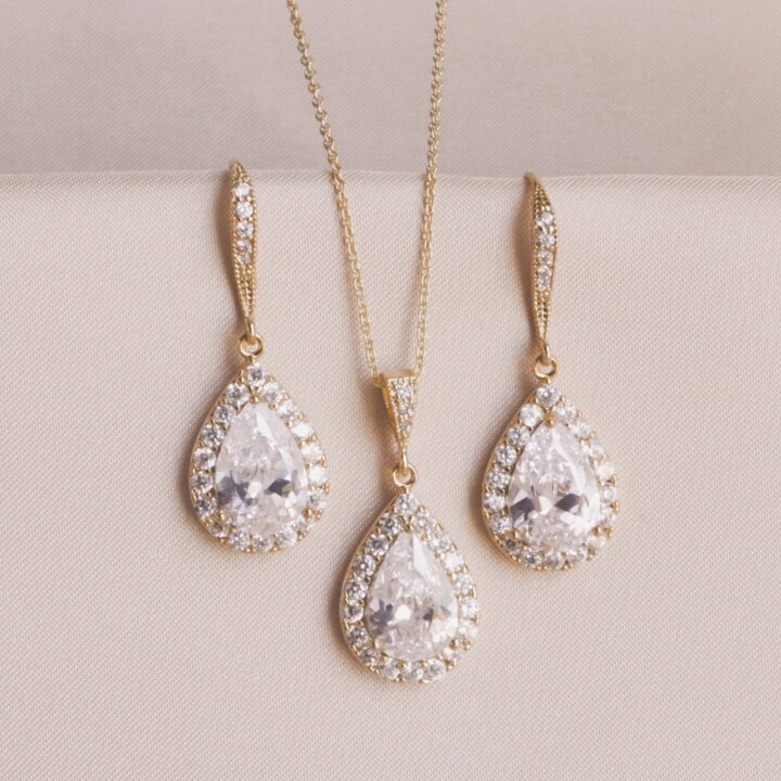 Etsy Wedding Gold Crystal Dangle Earrings & Necklace Set Bridal Jewelry Set Earring & Set For Brides
