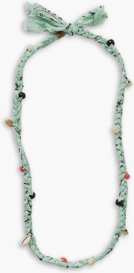 Braided printed cotton-voile, shell and bead necklace