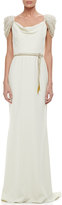 Thumbnail for your product : Badgley Mischka Beaded Short-Sleeve Belted Gown