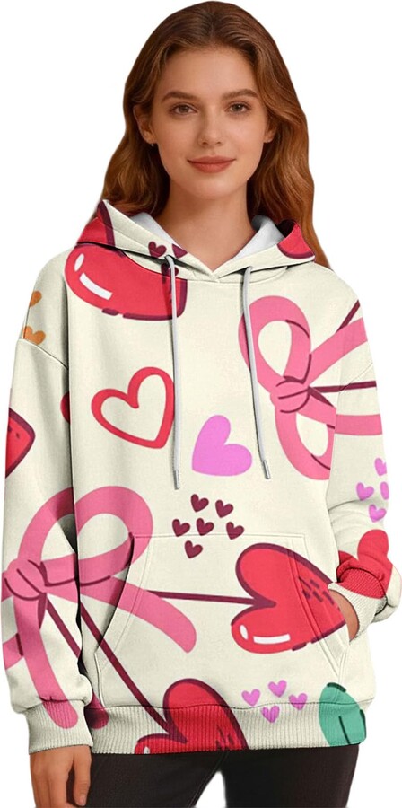 Generic Heevina Hoodies For Women Heart Valentine's Day Pocket Drawstring Fluffy Fuzzy Hem Tops Long Sleeve Ladies Hooded (Yellow