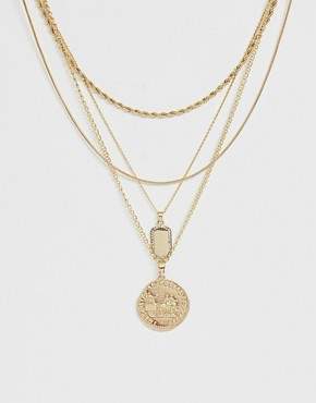 ASOS Design DESIGN multirow necklace with worn coin and crystal detail tag pendants in gold