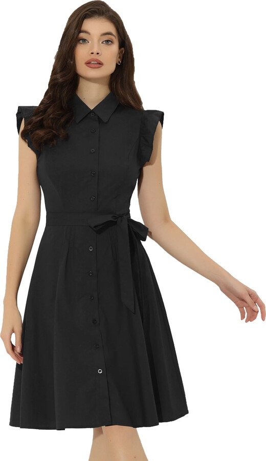 DARING DIVA Ruffled Sleeve Button Down Belted Knee Length Shirt Dress XS Black