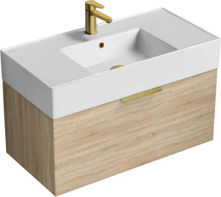 Nameeks Derin 31.9 in. W x 17.4 in. D x 20.47 in. H Modern Bathroom Vanity in Brown Oak With White Ceramic Top