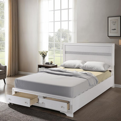 UDAMET Low Profile Storage Bed Frame with 2 Drawers - No Box Spring Needed, White, Synthetic Wood