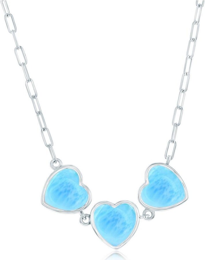 Caribbean Treasures Sterling Silver Triple Larimar Heart Paperclip Necklace