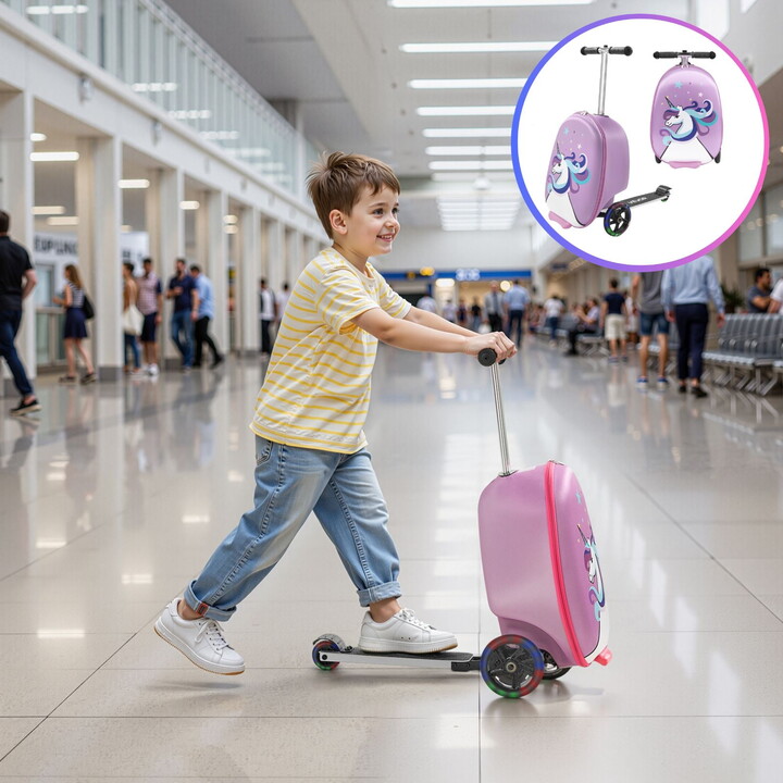 KFFKFF Ride-on Kids Luggage, 20L Capacity, 20-Inch Scooter Suitcase with Flashing PU Wheels, Adjustable Handle & Non-Slip Grip, Foldable and Lightweight Travel Companion for Children Aged 5+, Purple
