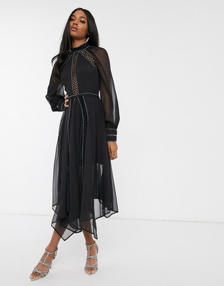ASOS DESIGN lace and chain detail chiffon midi dress with keyhole