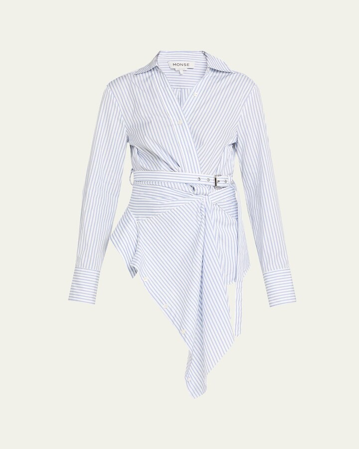 Monse Striped Belted Asymmetric Wrap Blouse