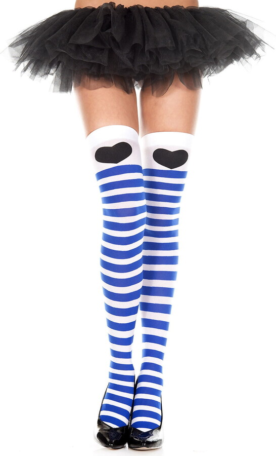 Music Legs Heart print striped thigh hi 4098-WHI/BLUE/BLK