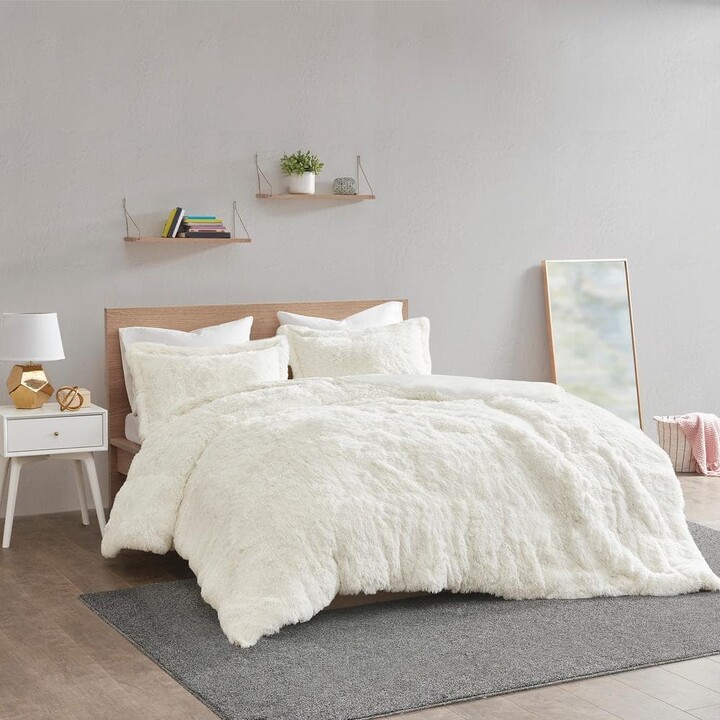 Intelligent Design Leena 2-piece Ivory Twin Shaggy Fur Duvet Cover Set