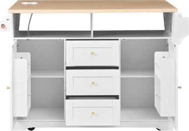 Multifunctional Extendable Kitchen Island Cart - 5 Wheels Mobile Storage Cabinet with US Standard Outlet & 1 Inch Thick Top Board