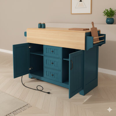 55.7-Inch Large Kitchen Island Equipped with 2 Drop-Leaf Panels, 5-Wheel Rolling Cart, Power Outlet, Folding Dining Storage Table with Spice and Towel