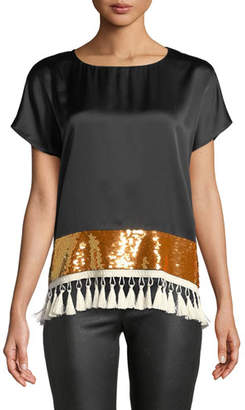 Sachin + Babi Rustem Silk Short-Sleeve Sequin Tassel Top