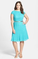 Thumbnail for your product : London Times Belted Cap Sleeve Lace Fit & Flare Dress (Plus Size)