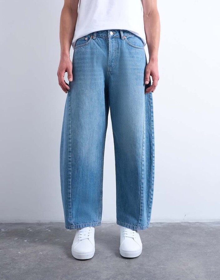 Topman rigid barrel jeans in mid wash
