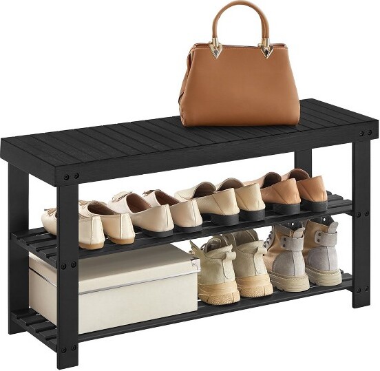 SONGMICS Shoe Bench, 3-Tier Shoe Rack for Entryway, Storage Organizer with  Foam Padded Seat, Linen, Metal Frame, for Living Room, Hallway, 12.2 x 39.4  x 19.3 Inches, Dark Gray and Black ULBS579B33