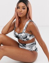Thumbnail for your product : ASOS DESIGN DESIGN fuller bust exclusive underwired longline bikini top in mono palm print dd-g - MGREEN