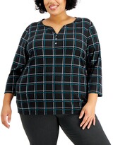 Thumbnail for your product : Karen Scott Plus Size Plaid 3/4-Sleeve Henley Top, Created for Macy's