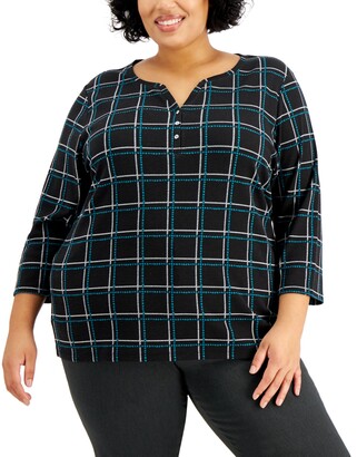 Karen Scott Plus Size Plaid 3/4-Sleeve Henley Top, Created for Macy's