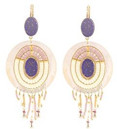 Satellite Women's "Tananarive" Gold Plated Brass Multicolour Beads Round Blue Stones with Mother of Pearl Drop Earrings
