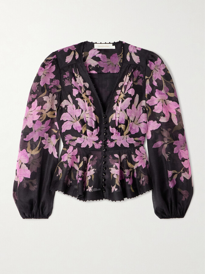 Zimmermann Dawning Bead-embellished Floral-print Linen And Silk-blend Blouse - Black