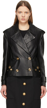 Balmain Black Leather Pea Coat