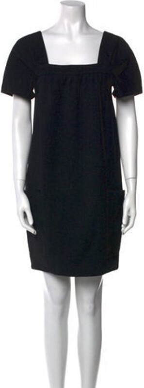 Vince Wool Shift Dress Blue & Grey Leather Trim Embellishment Short Sleeve with Square Neckline Concealed Zip Closure at Back