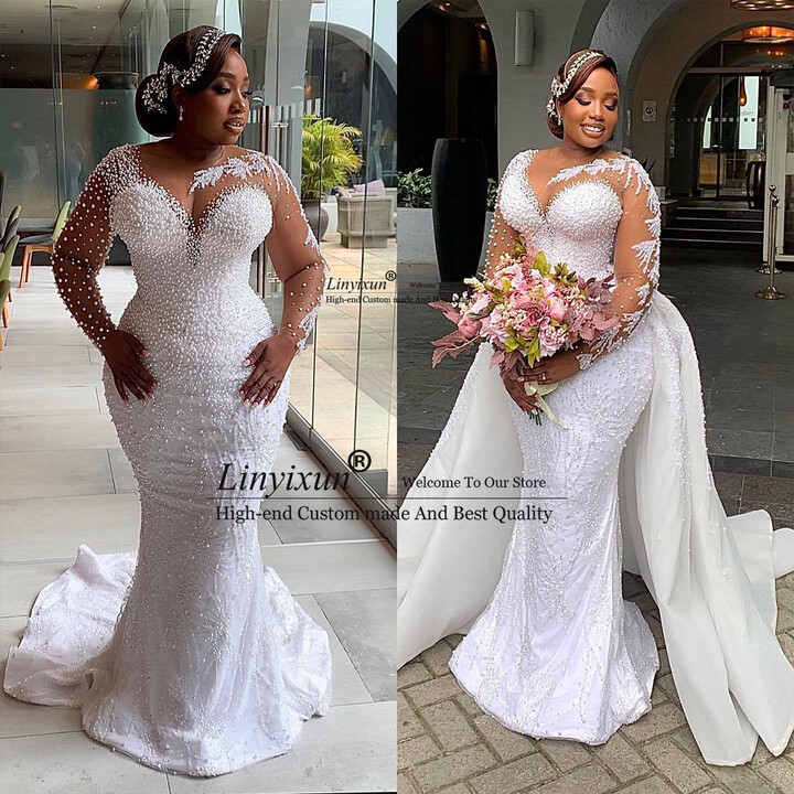 linyixun Customized Wedding Dresses Long Sleeves O-Neck For Africa Women Bridal Ball Gown Long Tulle Sweep Train Vestidos De Noiva