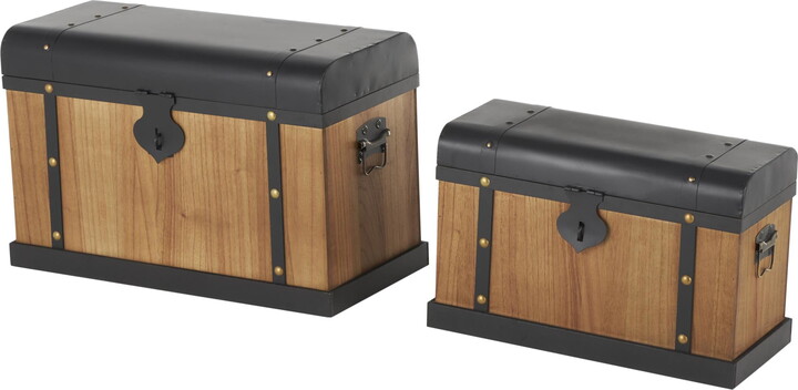 DecMode 24" x 16" Brown Wooden Storage Trunk with Black Metal Tops and Gold Studs, 2-Pieces