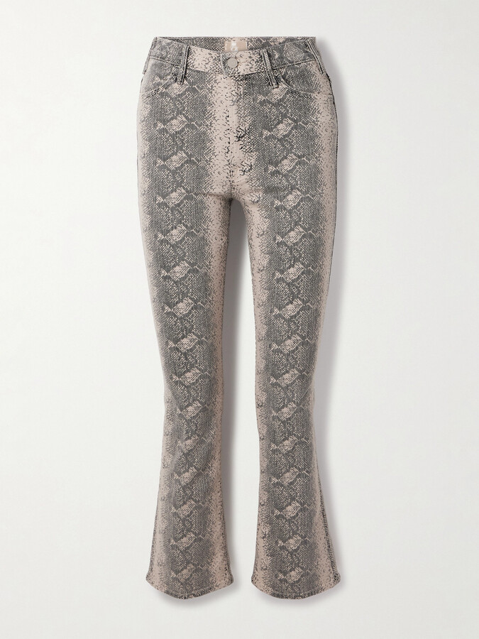 Mother The Hustler Cropped Snake-print High-rise Flared Jeans - Neutrals