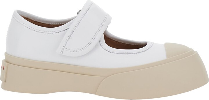 Marni 'mary Jane' White Sandals With Touch-strap Closure And Logo Patch On The Rear In Leather Woman