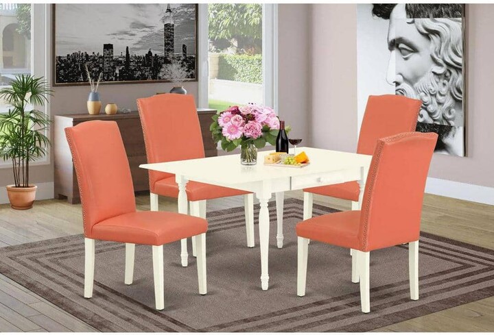 5-Piece Linen White Finish Solid Wood Top - Dining Room Set with Dropleaf - Seats 4