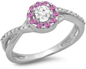 DazzlingRock Collection 10K White Gold Pink Sapphire & White Diamond Ladies Split Shank Bridal Halo Engagement Ring (Size 10)