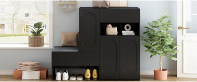 Elegant 2-In-1 Shoe Cabinets With Soft Cushion, Modern Storage Bench With Arched Doors & Rebound Devices, Versatile Shoe Rack Organizer With Adjustabl
