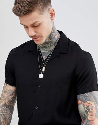 Religion revere collar rayon short sleeve shirt in black