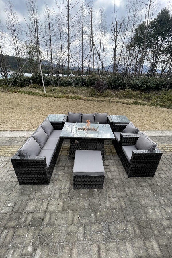Fimous Outdoor Gas Fire Pit Dining Table Sets Heater Lounge Chairs Side