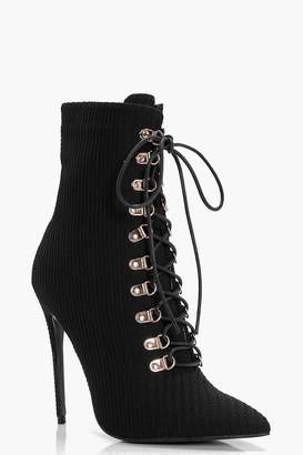 boohoo Lucy Lace Up Pointed Toe Sock Boots