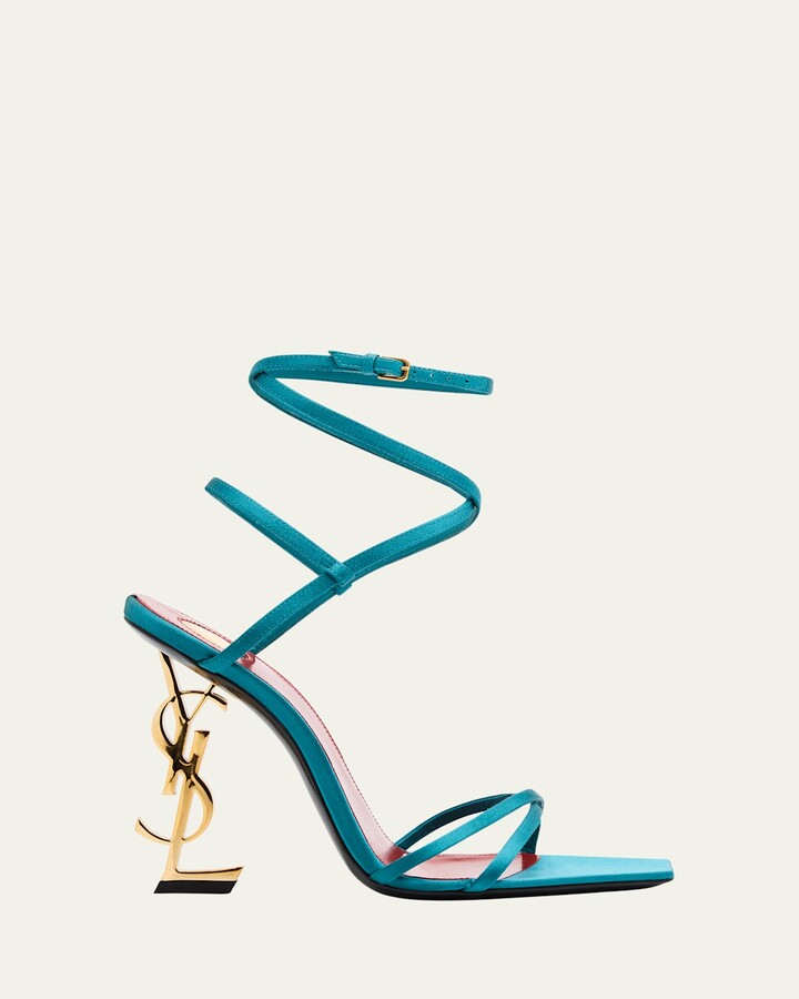 Saint Laurent Opyum Logo-Heel Wrap-Ankle Sandals with Golden Hardware