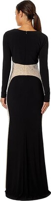 Xscape Evenings Long Sleeve Ity with Caviar Beads (Black/Nude/Silver) Women's Clothing