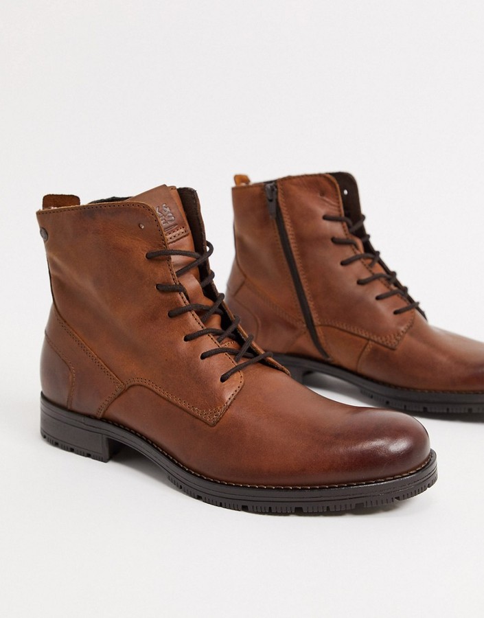 Jack and Jones leather lace up boot in brown - ShopStyle