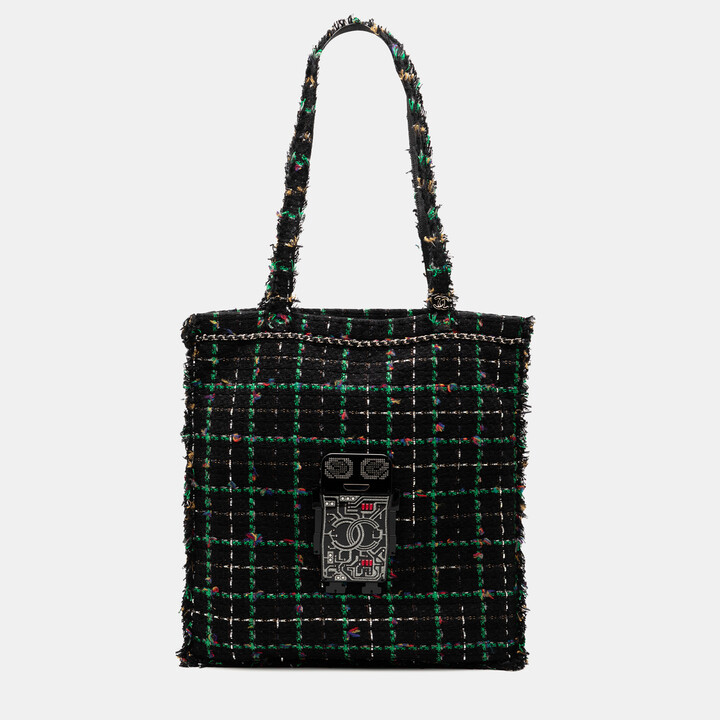 Chanel Black Large Tweed Resin Embellished Robot Shopping Tote