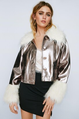 Nasty Gal Womens Metallic Faux Leather Fur Trim Jacket