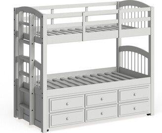 Gray Benjara Transitional Twin Size Bunk Bed with 5 Drawers and Attached Trundle 